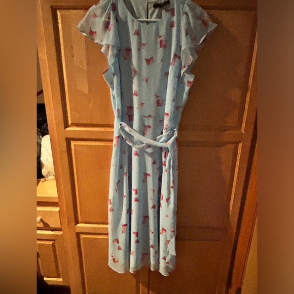 Banana Republic size 8 & 10 Blue Red Belted Flutter Sleeve Floral A-Line Women - Picture 13 of 15